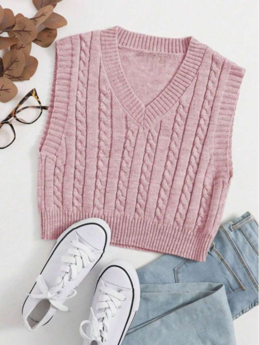 V-Neck Braided Knit Sweater Vest - 乾枯玫瑰色 - 查看 1