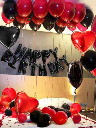 42 个/套 16 英寸黑色“生日快乐”字母铝箔气球，包括黑色和红色乳胶气球和心形铝箔气球，英文字母装饰，适用于生日派对、周年纪念、家庭派对背景