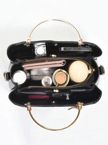 彩色单肩包，时尚心形金属流苏装饰斜挎包，女式顶部提手钱包 - 黑色 - 查看 4