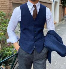 Retro Men's Herringbone Tweed Suit 3 Piece Set Wool Suits 1920's Themed Wedding Suit Vintage Style Groom Tuxedos Set Prom Jacket Blazer Vest Pants - 藍色 - 查看 4