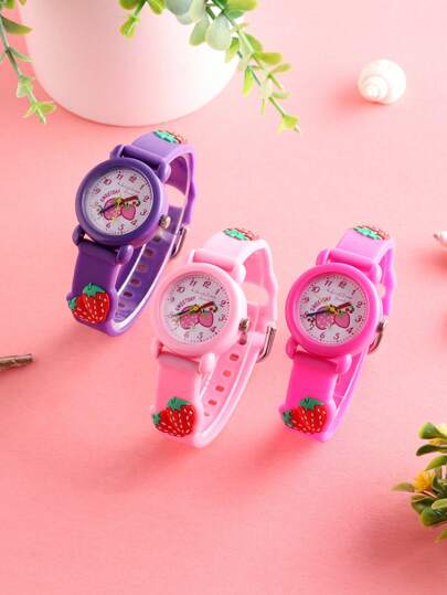 Dry Battery 3 Pieces, Boys And Girls 3D Three-Dimensional Football With Butterfly And Strawberry Decorative Patterns, Round And Cute Children's Watch, Versatile Quartz Watch, Suitable For Daily Wear And As A Gift.