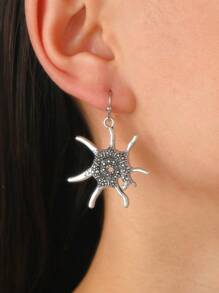 4 对复古波西米亚风格仿旧花朵、章鱼、海豚耳环套装，女士休闲百搭日常佩戴耳环 - 復古銀色 - 查看 9