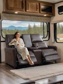 63.4" RV Loveseat Recliner Sofa, PU Leather Double Seat Manual Recliner Couch With 2 Cup Holders And Storage Console Recliner, Home Theater Seating - Rustic Brown - View 8