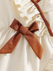 女孩优雅荷叶边领蝴蝶结拼接无袖连衣裙，百搭，适合上学和户外玩耍，夏季 - 杏色 - 查看 5