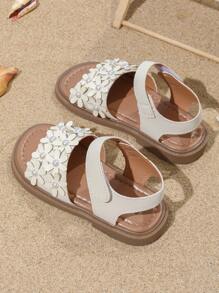 夏季女童时尚平底凉鞋优雅小花软底儿童公主鞋沙滩凉鞋带珍珠装饰适合日常逛街。开学季凉鞋特价 - 米色 - 查看 5