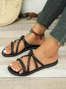 Sandalias con tiras tejidas de verano, pantuflas de playa de moda