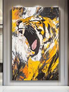 1pc Wooden Framed Canvas Painting Wall Art Jagged Tiger Captured Brushstrokes Mid-Roar Dad Gifts Cafe Bar Wall Decor Framed-Wrapped Canvas