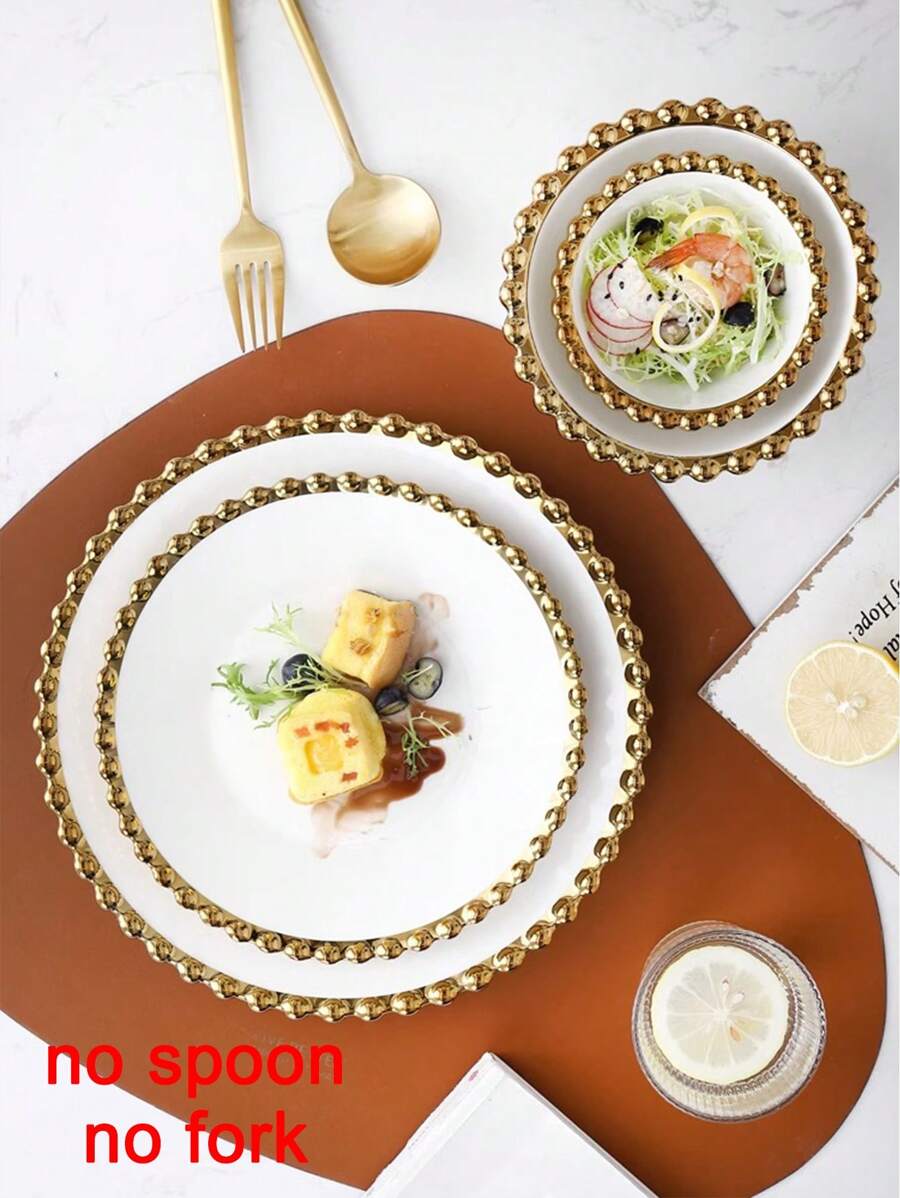 1 pieza Tazón de ensalada/Plato de bistec de cerámica de lujo con perla dorada, adecuado para restaurantes