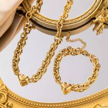 1 set de collier et bracelet en acier inoxydable plaqué or 18 carats, design en forme de cœur. Style simple et minimaliste , idéal pour les rendez-vous, les soirées et le port au bureau