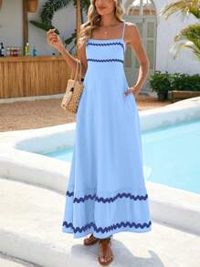 Women's Summer Flowy Dress Casual Sleeveless Beach Holiday Dress With Thin Straps - 淺藍色 - 查看 3