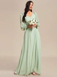 Spring Split Sleeve Split Thigh Chiffon Sage Green Bridesmaid Dress For Wedding - Mint Green - View 6