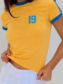 Women's Summer Baby Tee Crop Top Number Print Short Sleeve Crewneck Contrast Color T Shirts Tops Y2k Casual Going Out Shirt Tops Streetwear - 黃色 - 查看 5