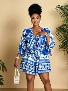 BIUBIU Plus Size Women's Casual V-Neck Loose Floral Print Flare Sleeve Jumpsuit, Suitable For Hawaiian Holiday - Blue - View 5