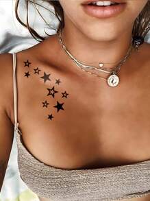 2 Sheets Small Size Body Art Temporary Tattoo Stickers For Men And Women, Black Solid Hollow Star Pattern, Emo Punk Style, Waterproof Fake Tattoo, Lasts 2-5 Days, Covering Scars, Can Be Used On Arms Wrist Shoulders Legs Waist Neck Hand Chest Thighs Finger, Best Friend Couple Tattoo,Lover,Cosplay,Music Festival - Black - View 4