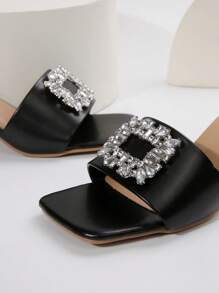 New Summer Women's Rhinestone Square Buckle Sandals, Fashion High Heel Slippers, Thick-Heel Slip-On Slippers, Suitable For Dating, Shopping, Commuting, Business, Home, Leisure