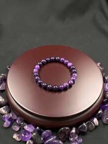 1Pc Elegant Amethyst Gemstone Elastic Bracelet For Men Women- Handcrafted Unisex Wristband Accessory Ideal For Gift & Daily Wear