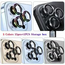 16pcs Lens Protective Film/Camera Protection/Prevent Scratching/5 Sets Of Mixed Color Machine Lens Protective Film, Ultra-High Definition 9H Reinforced Glass And Metal Separate Ring Cover, Easy To Install, Scratch-Proof, Suitable For Shell +1pc Storage Box. Mobile Phone Lens Film Black, Blue, Gold, Silver, Colorful Lens Film. Gift For Birthday, Family, Friends Alloy Metal With Tempered Glass Full Cover, Lens Protector, Phone Accessories