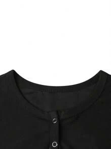 Women's V-Neck High Waist Playsuit, Casual Solid Color Romper, Long Sleeve Short Pants Button Clothing - Black - View 7