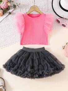 2pcs/Set Young Girl Net Fabric Patchwork Contrast Color Casual Top And Mini Skirt Set - Hot Pink - View 4