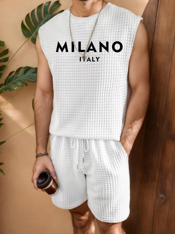 Men's Casual Sports Vest Set, Crew Neck Sleeveless Fashionable Printed Vest And Elastic Waist Pocket Sports Shorts, Knitted Jacquard Fabric