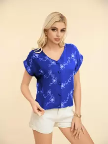 V-Neck Blouse With Short Sleeves, Embroidered And Openwork, - 藏蓝色 - 查看 1