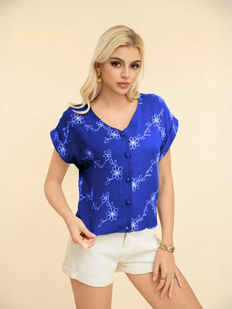 V-Neck Blouse With Short Sleeves, Embroidered And Openwork, - 藏蓝色 - 查看 1