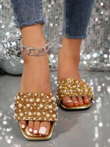 Fashionable Luxury Women Flat Slide Sandals With Pearl And Rhinestone Decoration, Square Toe Slip-On Flat Shoes, Comfortable Footwear In Multiple Colors, Suitable For Stylish Outfits