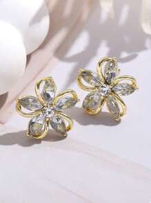 Small Flower Gold Plated Stud Earrings 2pcs Women CZ Crystal Stud Earrings Daily Wear Piercing Earrings Bridal Wedding Jewelry For Girl Wife Girlfriend Lover