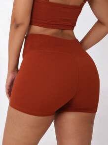 Women's Ribbed Gym Fitness Shorts - Rust Brown - View 4