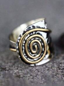 1pc Bohemian Vintage Metal Silver & Gold Color Swirl Circular Wide Open Ring For Men & Women, Suitable For Daily, Vacation, Party Wear - 彩色 - 查看 5
