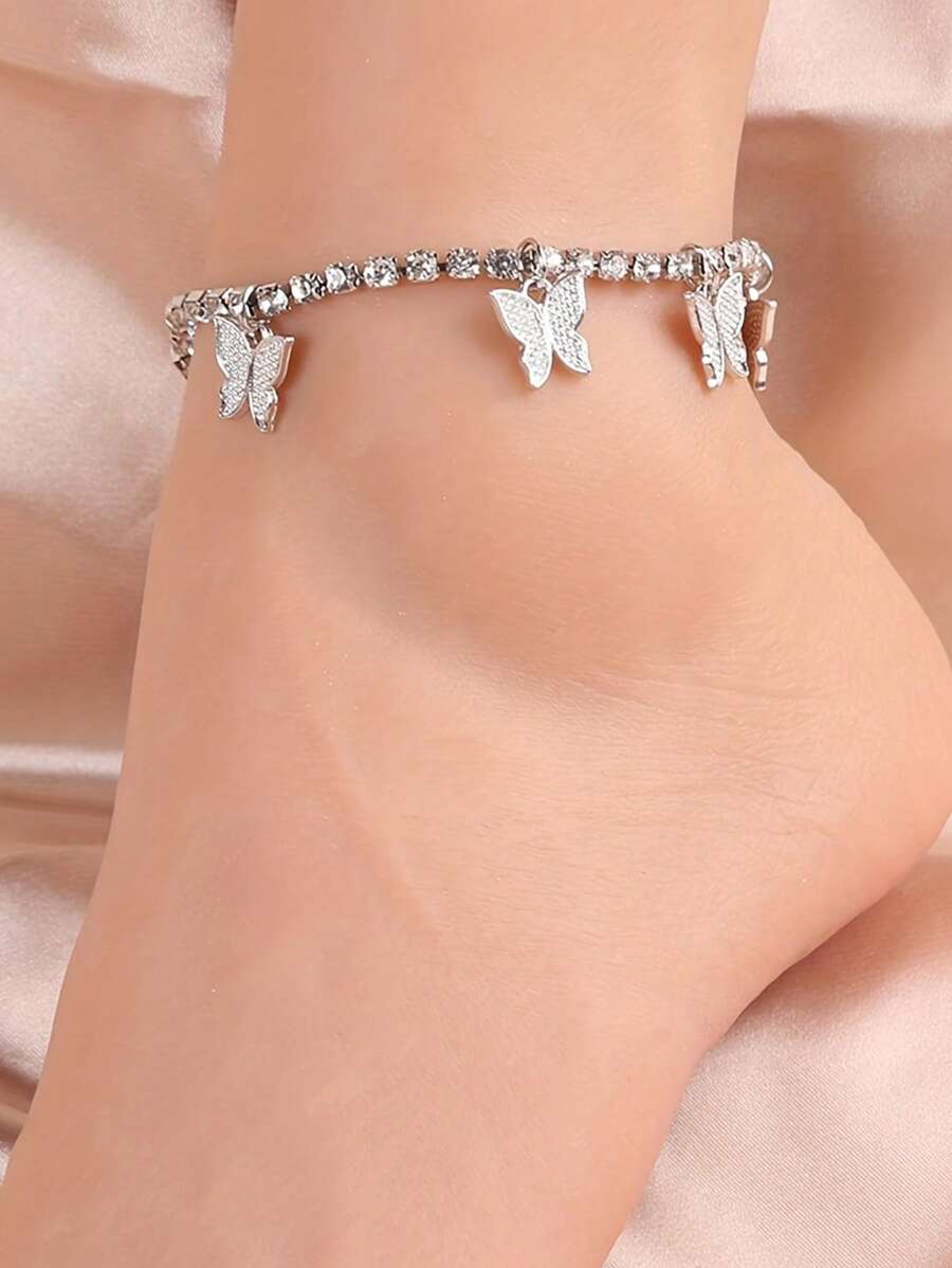 1 Chiếc Dây Xích Mắt Cá Chân Hình Bướm Lấp Lánh Dành Cho Nữ Thích Hợp Để Đi Dự Tiệc, Tiệc Tùng Và Khiêu Vũ - Bạc - Xem 1