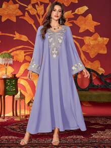 Đầm dài thêu hạt cườm phong cách Ả Rập thanh lịch dành cho nữ có cổ hình trái tim - Màu tím - Xem 6