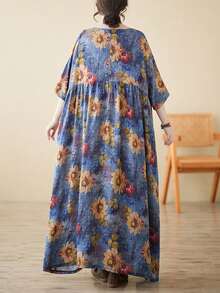 2026春节母亲节优雅日常连体裤、上衣、睡衣内搭、波西米亚休闲度假连衣裙、夏季新款圆领短袖连衣裙、女士大码度假装、沙滩装 - 藍色 - 查看 7