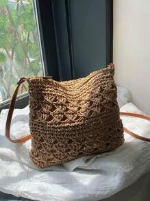 Mini Handmade Crochet Solid Color Crossbody Bag, Small Size Woven Adjustable Strap Messenger Bag, Fashion Hollow Floral Design Cell Phone Pouch Purse, Perfectly Matching With Crochet Set