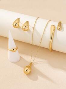 1 套时尚简约重金色金属几何水滴光滑饰面女士首饰套装，包括手链、戒指、项链、耳环、优雅简约耳环、项链、戒指和开口手镯、多用途日常女性配饰、春季设计 - 金黃色 - 查看 3