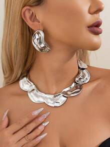 1 套时尚奢华液态金属不对称几何项链和耳环，适合女士 - 礼物创意 - 约会之夜