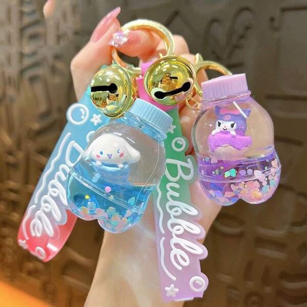 Sanrio 1 pieza Llavero de botella de leche de dibujos animados creativo, exquisito y lindo, con arena líquida fluyendo, accesorio de bolso, pequeños regalos (los personajes dentro de la botella permanecen sin cambios, mientras que los patrones cambian aleatoriamente)