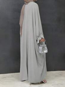 休闲编织纹理圆领套头衫，荷叶边喇叭袖宽松长裙