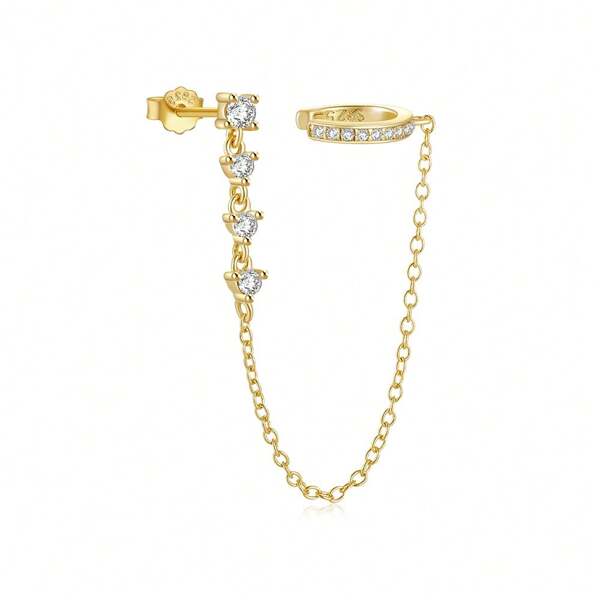 1Pc Two-Tier Design 925 Sterling Silver Earring For Women Luxurious Chain Tassel Ear Clip Suitable For Wedding Bridal Jewelry
