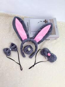 4 件毛绒黑猫/白猫/灰兔/白兔角色扮演配饰套装，包括毛绒猫耳头带、手套、带铃铛的项链、兔耳头带、蝴蝶结和兔嘴和尾巴装饰 - 万圣节派对服装 - 彩色 - 查看 8