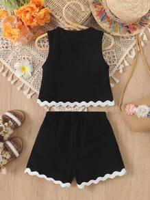 2pcs/Set Young Girls Solid Color Waffle Sleeveless Wavy Hem Top + Casual Simple Shorts, Outfit Set - Black - View 2