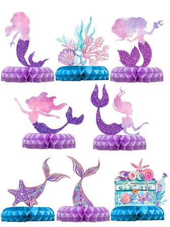 8 peças/Conjunto Ornamentos de Favo de Mel com Tema de Sereia para Decoração de Sereia, Tema Submarino para Decoração de Festa de Aniversário, Decoração de Chá de Bebê, Decoração de Casa, Decoração de Quarto, Decoração de Mesa, Suprimentos, Lembrancinhas de Festa de Aniversário, Presentes de Aniversário, Decoração de Aniversário