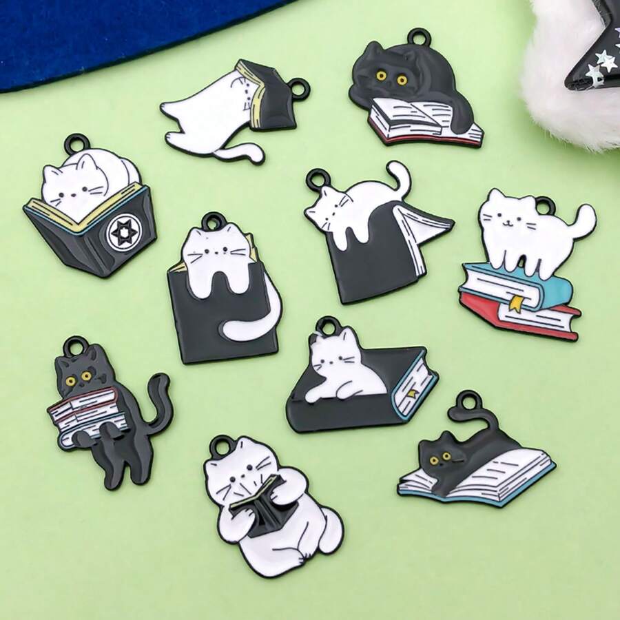 5/10 件黑白珐琅猫饰物卡通书饰动物可爱猫饰物吊坠可制作珠宝钥匙扣手链配饰 - 黑與白 - 查看 1