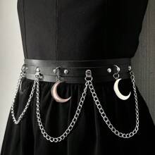 European And American Cross-Border Fashion Hip Hop Leather Gothic Moon Pendant Waist Chain Body Chain