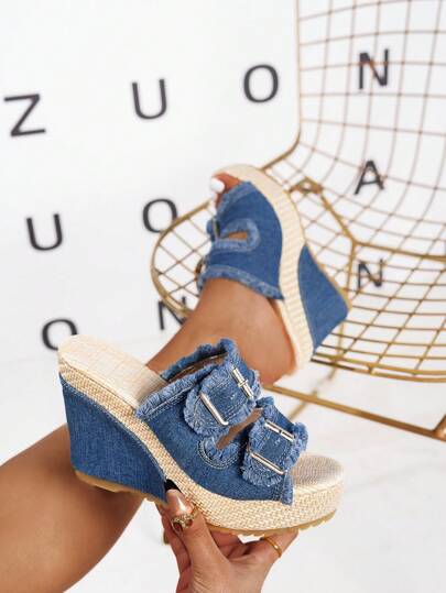 Summer Thick Bottom Platform Wedge Sandals, 10cm Super High Heel Blue Buckle Design Open Toe Slippers, Fashion All-Match Waterproof Platform Blue Thick Bottom Slide Sandals, Classic Black Thick Bottom Platform Slide Sandals Suitable For Dresses And Pants