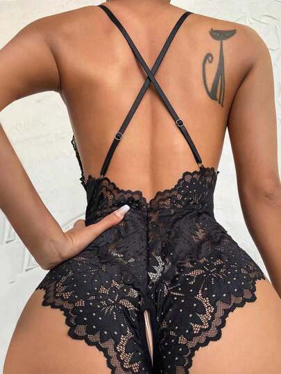 Verleidelijke Crotchless Kanten Strap Criss Cross Halter Teddy Lingerie Open Crotch, Rave