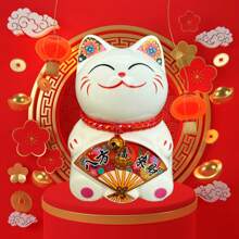 Small Lucky Cat Coin Bank - Feng Shui Maneki Neko Ceramic Piggy Bank For Good Luck & Prosperity, Feng Shui Ornament Money Fortune Cat Gift Decorations For Home, Office, Store - 4.75" Height - 風扇 2 - 查看 2