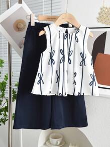 Young Girls 2Pcs Bow Print Tank Top&Trousers Set For Summer - Black - View 1