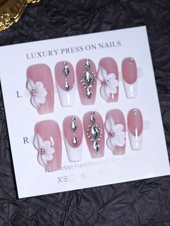 3D手工雕刻花卉美甲装饰锈玫瑰法式手工美甲贴片，100%纯手工制作，按压式美甲贴片，棺材形，10片装，可重复使用，美甲设计，女士及女孩美甲产品