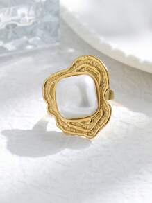 Mazuer 1pc 18K Gold Plated Vintage Stainless Steel Geometric Pearl Design Adjustable Open Ring, Suitable For Women, Characteristics For Spring/Summer, New Year, Western Party, Dating, Gift, Vacation